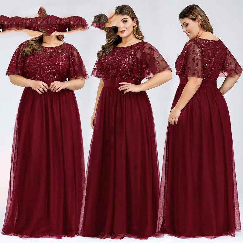 A plus size evening gown with a sparkling sequin mesh overlay in a variety of colours, including white, gray, green, black, gold, wine red, navy blue, bean paste powder, and dirty blue.