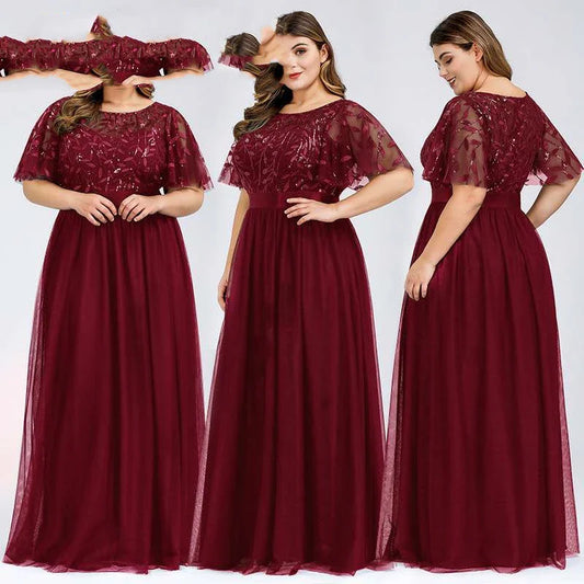 A plus size evening gown with a sparkling sequin mesh overlay in a variety of colours, including white, gray, green, black, gold, wine red, navy blue, bean paste powder, and dirty blue.