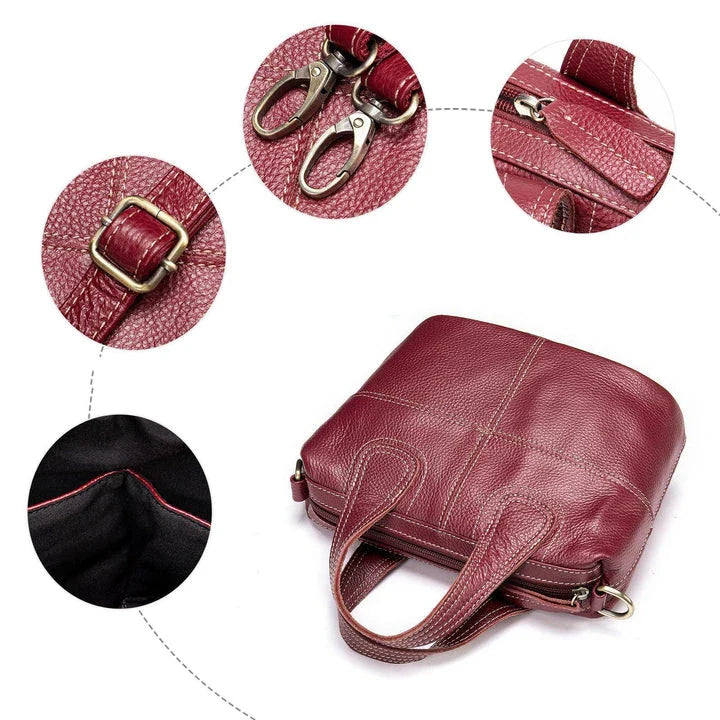 Premium leather shoulder bag for women in red, blue, and black colours with spacious interior and comfortable strap