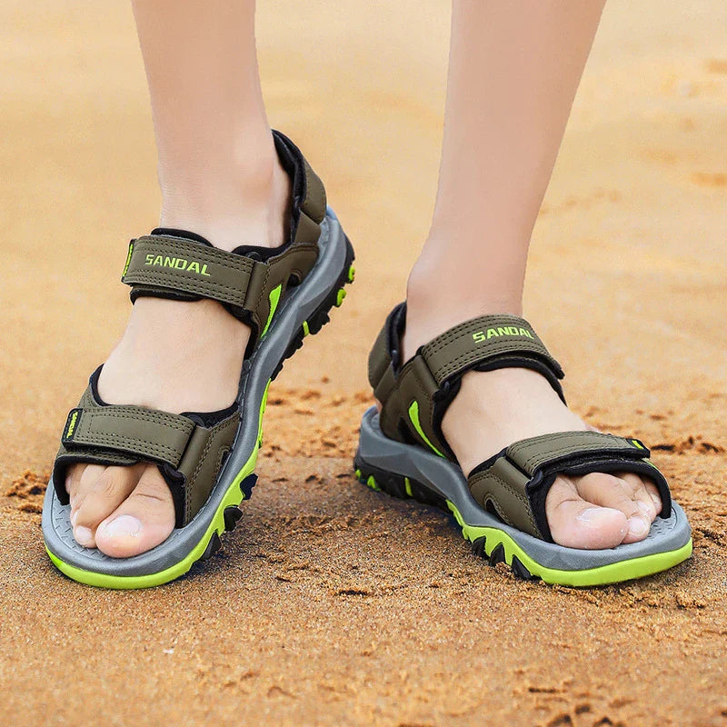 Men's black artificial PU leather and rubber sole beach sandals with open-toe design for outdoor leisure