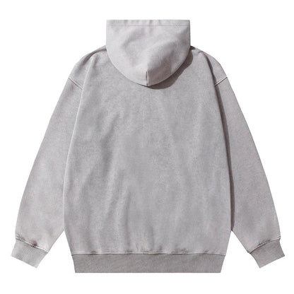 Embroidered cotton hoodie with a letter patch design, available in brown, grey, and black colours and sizes S to XL