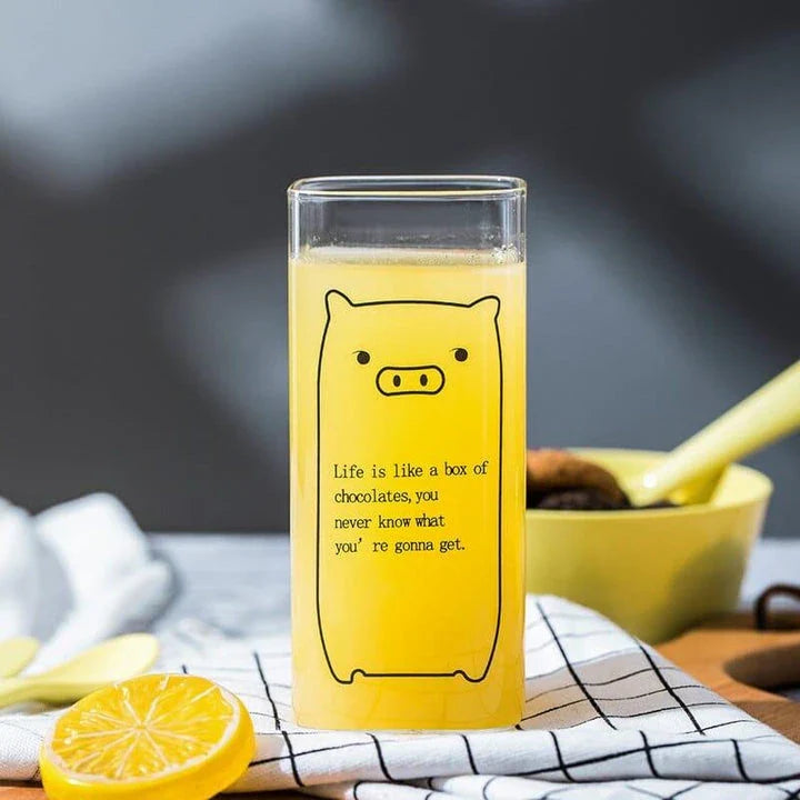 Charming animal-themed glassware with adorable pig, cat, and dog designs, made from durable, eco-friendly glass