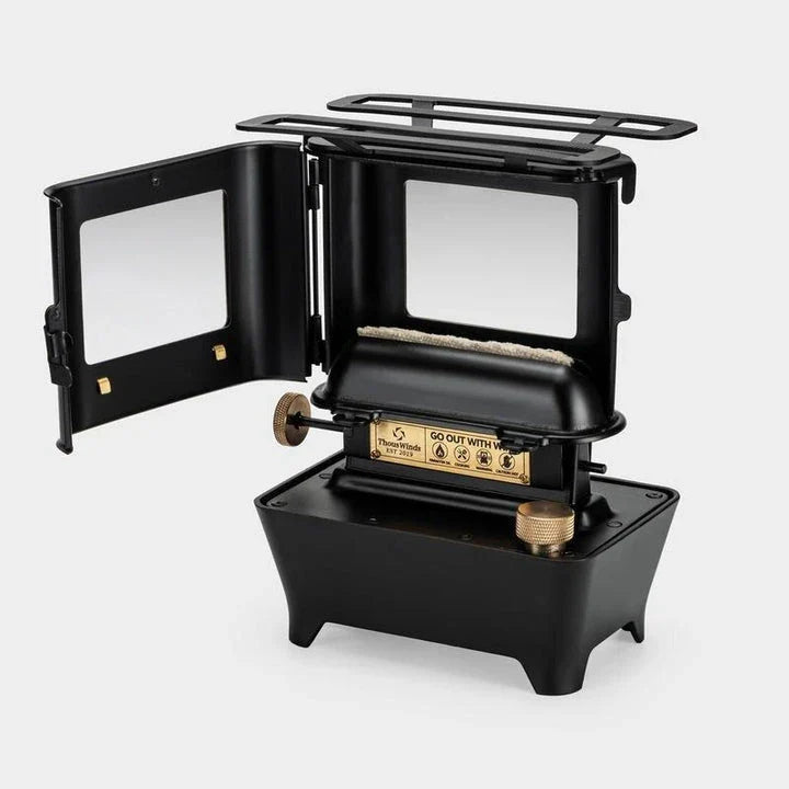 Retro Oil Lamp Stove with brass and stainless steel construction, providing warm light and ambience for outdoor activities in the UK