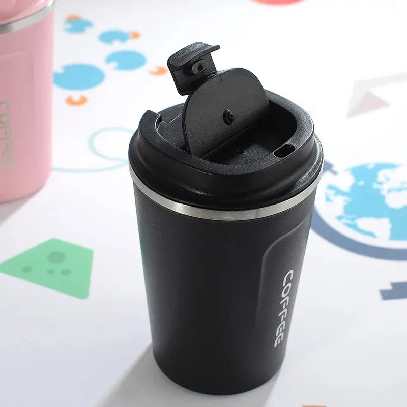 Stylish and durable stainless steel thermos mug with double-wall vacuum insulation, keeping drinks hot or cold for hours on end.