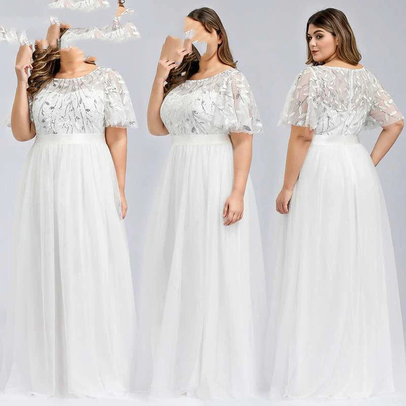 A plus size evening gown with a sparkling sequin mesh overlay in a variety of colours, including white, gray, green, black, gold, wine red, navy blue, bean paste powder, and dirty blue.