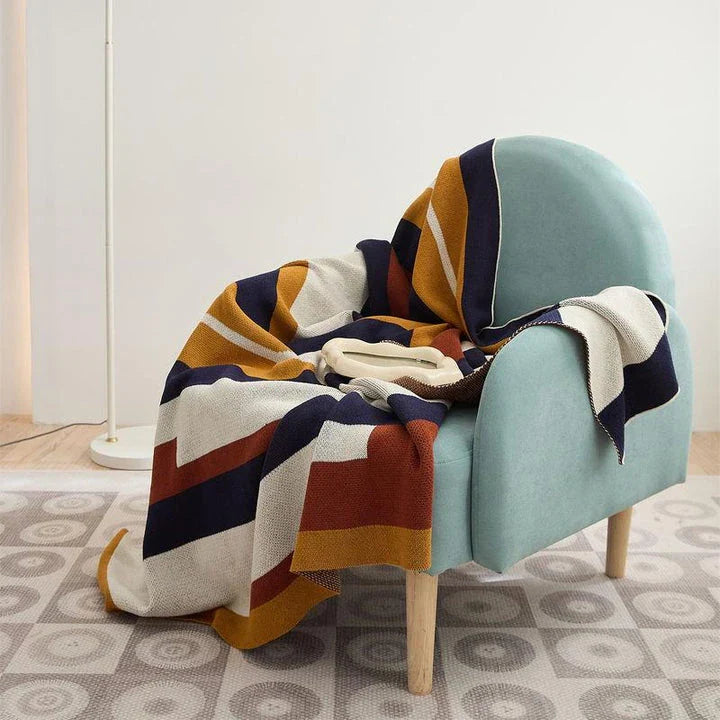Cosy Bohemian striped throw blanket and cushion cover made from premium 100% cotton, featuring a vibrant jacquard-style pattern