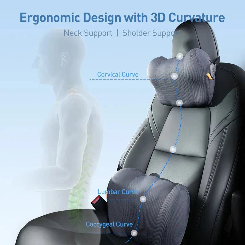 Premium car neck and lumbar support cushion with ergonomic 3D contoured design, memory foam and synthetic fibre for ultimate comfort