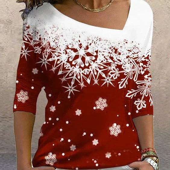 Women's Christmas-themed long sleeve pullover top with diagonal collar and festive print design