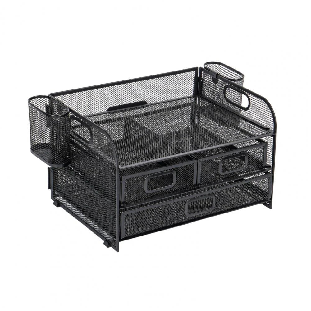 Premium carbon steel mesh desk organiser with 3 drawers and pen holders for efficient workspace organisation