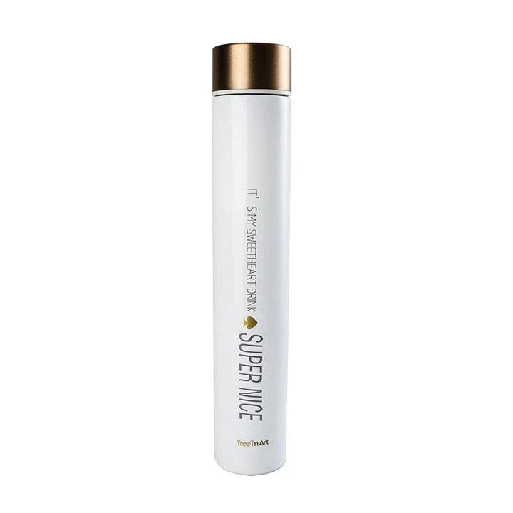 Elegant and slim stainless steel travel thermos in gold colour, with a straight cup design for comfortable one-handed use