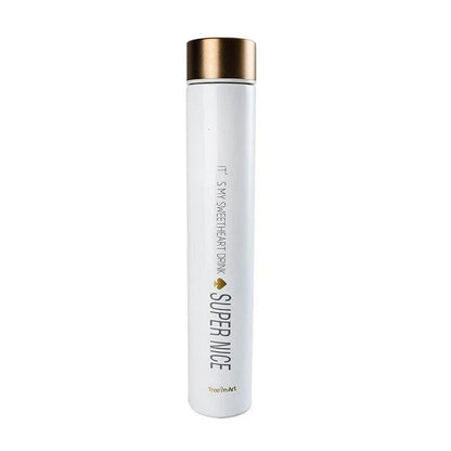 Elegant and slim stainless steel travel thermos in gold colour, with a straight cup design for comfortable one-handed use