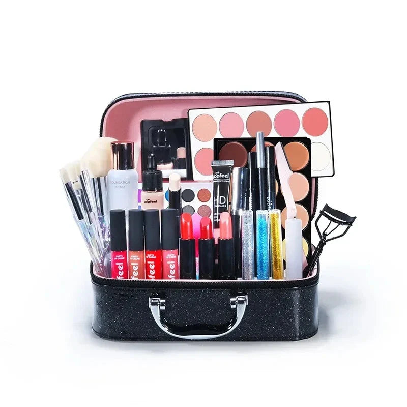 Premium makeup essentials set for novice beauty enthusiasts, including foundation, eyeshadow, lipstick, and other cosmetic products in natural, neutral shades