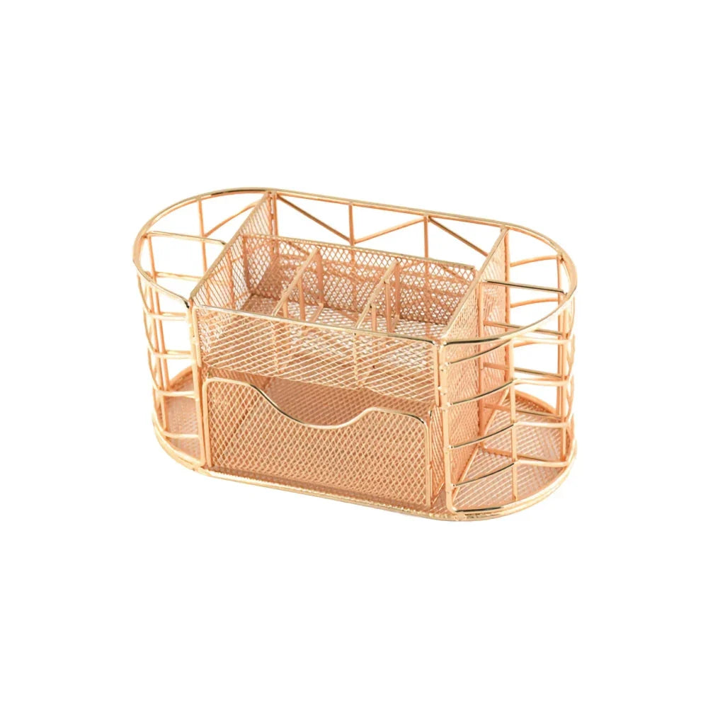 Premium metal mesh desktop organiser with multiple compartments and a sleek, modern design