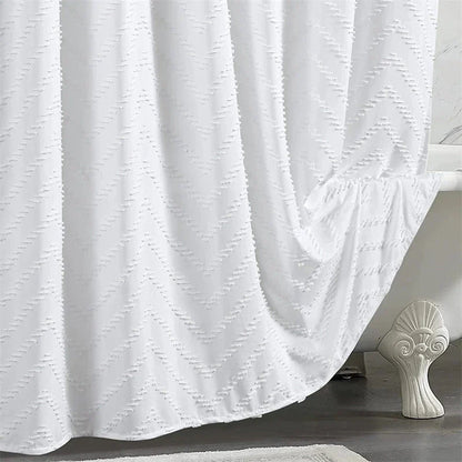 Modern Farmhouse Waterproof White Shower Curtain with Chevron Tufted Pattern