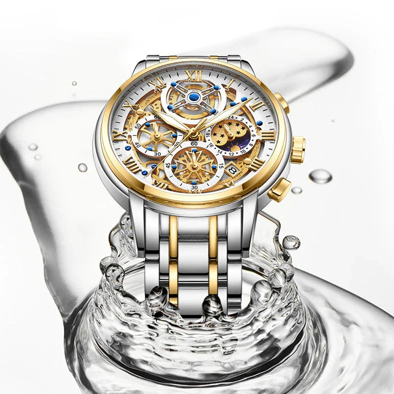Elegant quartz watch with moonphase display, calendar function, and luminous hands for enhanced visibility