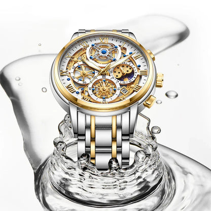 Elegant quartz watch with moonphase display, calendar function, and luminous hands for enhanced visibility