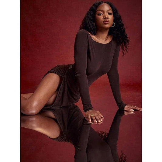 Elegant Pleated Maxi Dress in Brown, featuring a sophisticated o-neckline, full-length sleeves, and a captivating backless design.