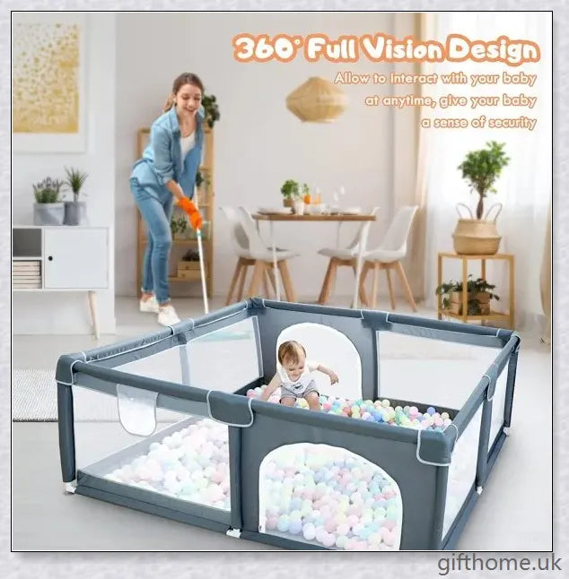 A large, breathable playpen with mesh sides for indoor and outdoor use, providing a safe and comfortable space for babies to play.