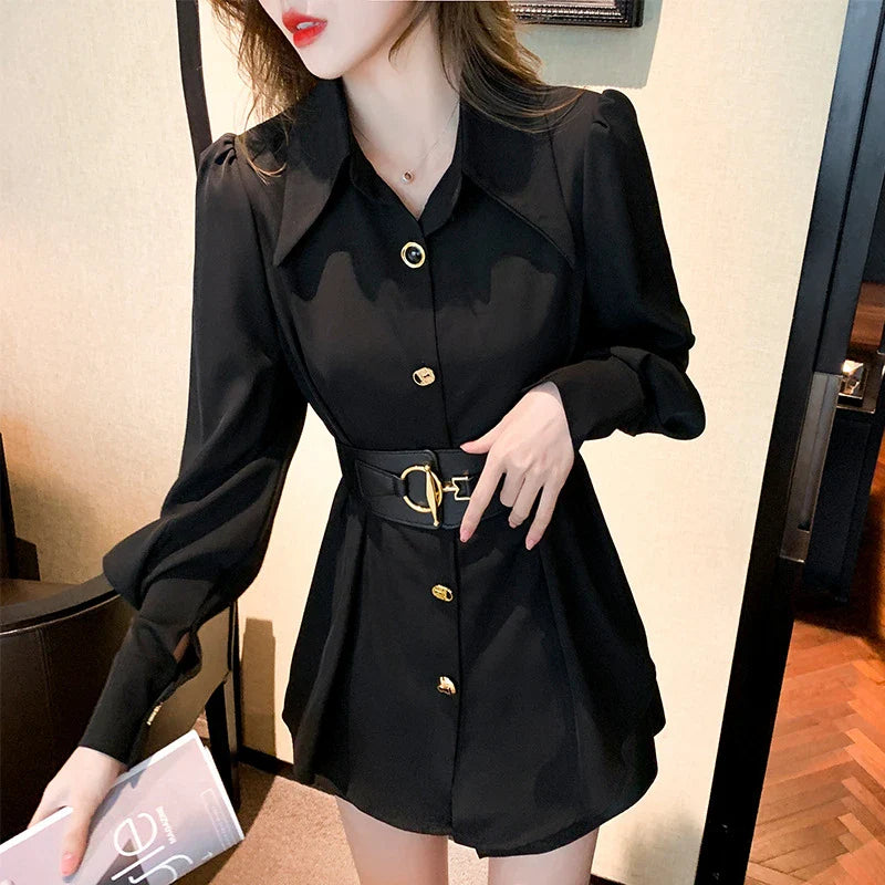 Elegant long sleeve women's blouse with metal buckle belt in white and black colours