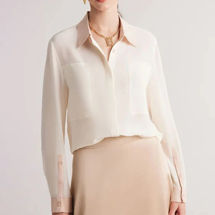 Refined Mulberry Silk Crepe de Chine Blouse in White, Ivory, Navy, and Black colours, featuring elegant patchwork design and turn-down collar for versatile office and casual wear.