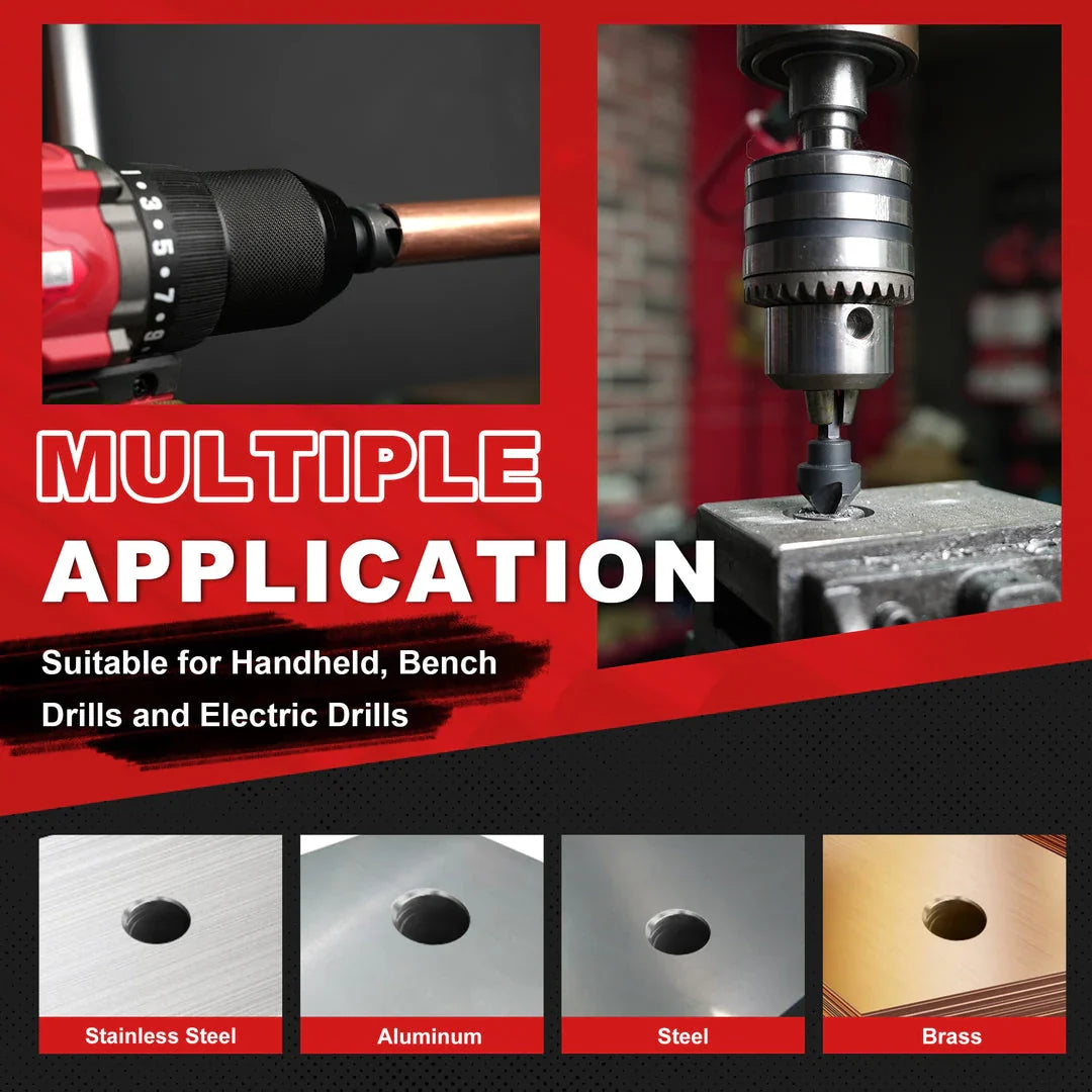 5-piece high-speed steel countersink drill bit set in black and red, featuring 1/4" to 3/4" bit sizes and a 1/4" hex shank for power tool compatibility
