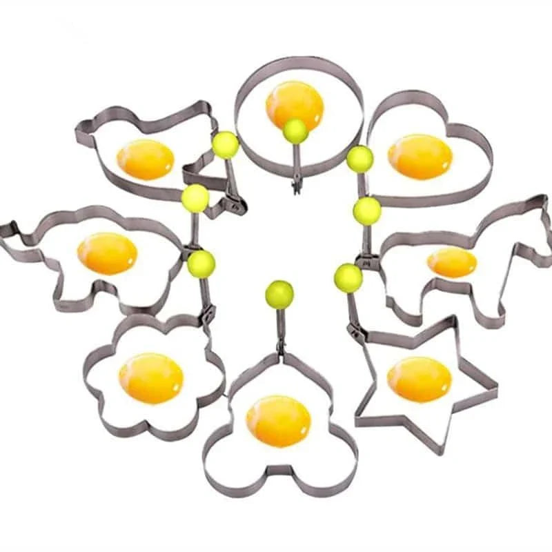 Premium stainless steel fried egg mould in various shapes including circle, flower, heart, and star