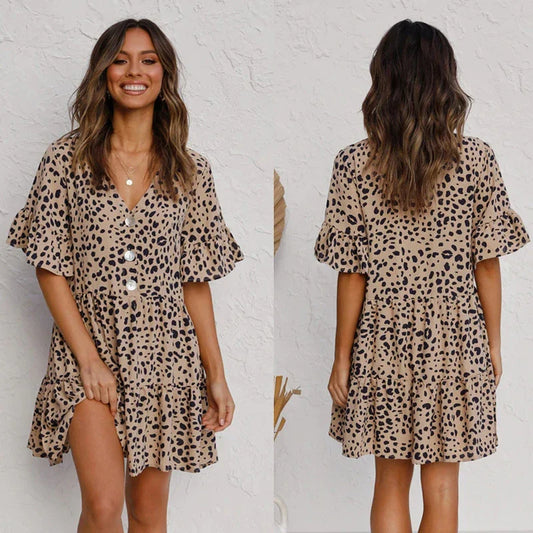 Fashionable leopard print dress with flounce detailing, made of soft and breathable cotton fabric.