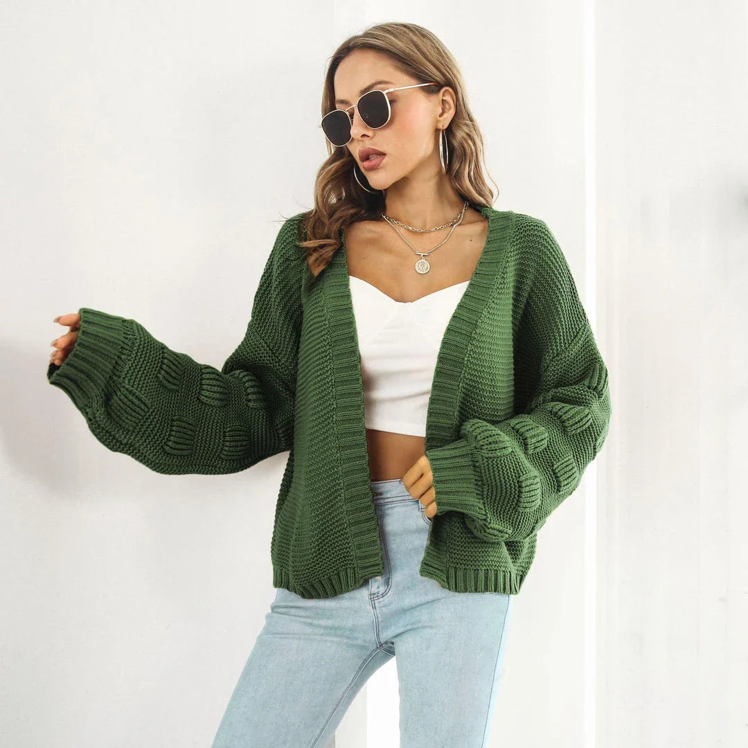 Elegant puff sleeve cardigan sweater in army green and wheat yellow colours, featuring a chunky knit design for cosy winter wear