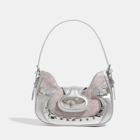 Premium Gothic Silver Patchwork Handbag with Versatile Strap and Reliable Zipper Closure