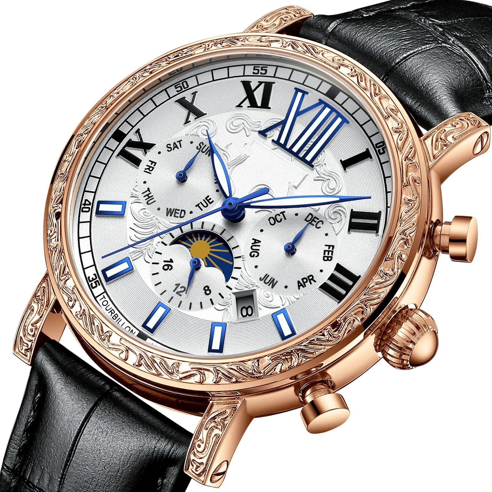 Luxury automatic mechanical watch with night glow, lunar phase indicator, and genuine leather strap
