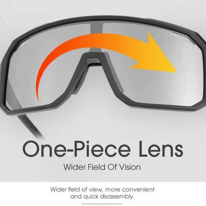Pair of black photochromic cycling sunglasses with adjustable fit and UV400 protection
