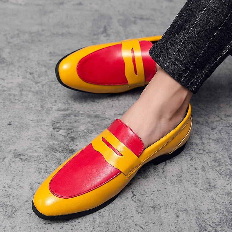 Premium British-style leather dress shoes for men in white, black, yellow, and red colour options
