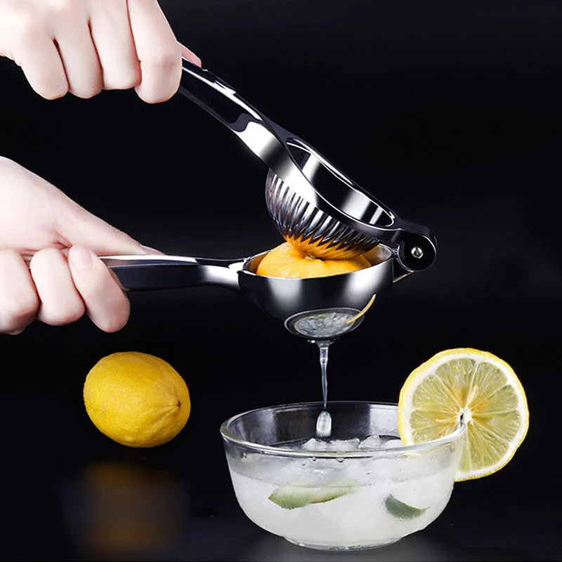 A high-quality manual lemon squeezer made of stainless steel for extracting fresh citrus juice