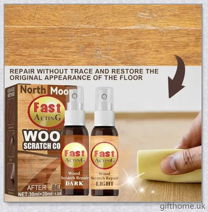 A bottle of premium wood scratch repair spray with a light and dark colour option for blending seamlessly with various wood tones.