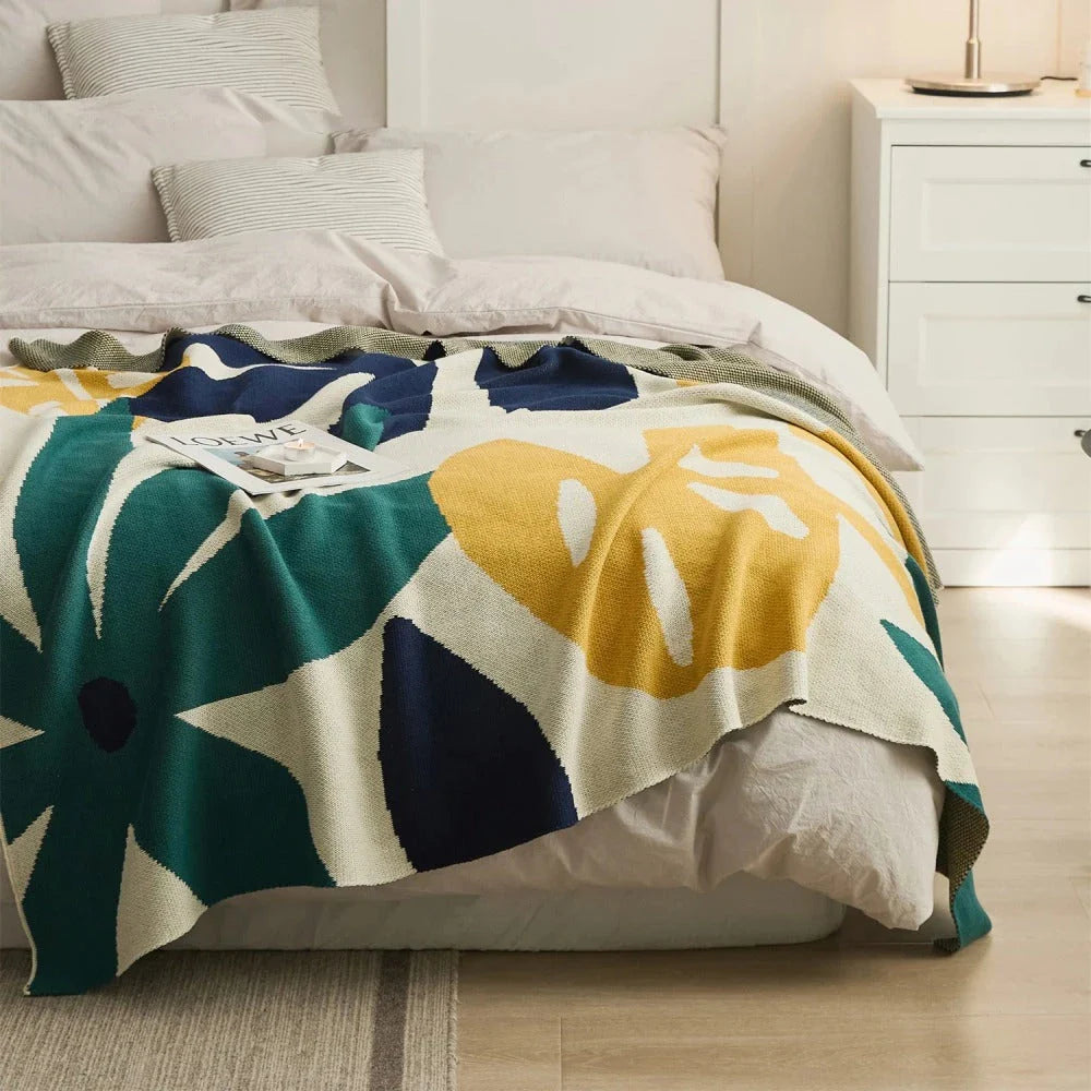 Cosy and stylish leaf jacquard knitted blanket in twilight colour, made from premium 100% cotton for exceptional comfort and durability
