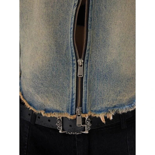 Retro Distressed Short Jacket with fur-trimmed sleeves, zipper closure, and chic O-neck design