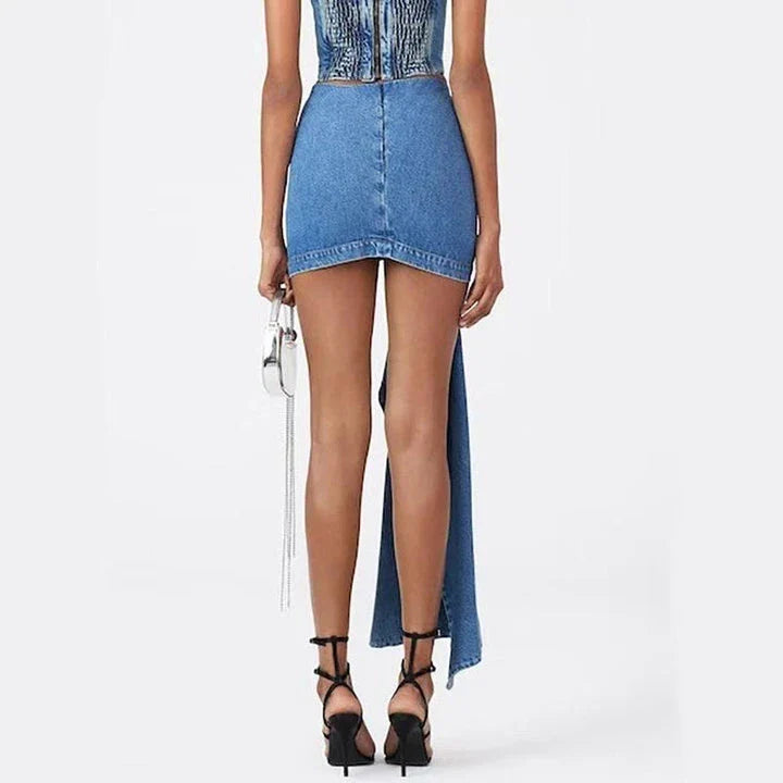 Chic high-waist blue denim skirt with elegant 3D rose floral detail, perfect for British summer fashion