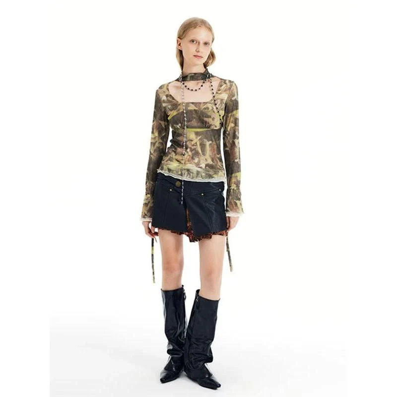 Retro Y2K Mesh Drawstring Flare Sleeve Crop Top - Unique British Fashion Statement with Steampunk Art Design