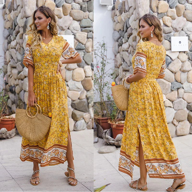 Elegant long dress with floral print design, perfect for coastal-inspired fashion