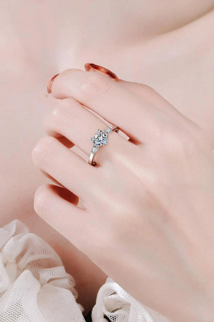 Elegant 1.2-carat moissanite heart-shaped ring in lustrous 925 sterling silver with rhodium plating