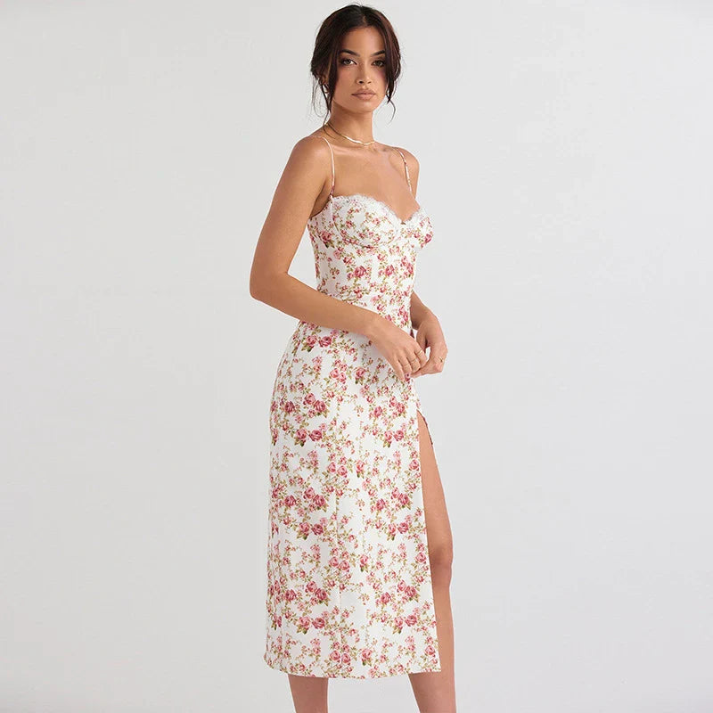 Elegant floral print maxi dress in various colours, perfect for British summer events and occasions