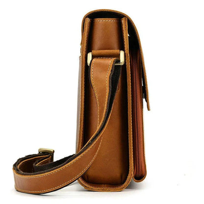 Premium leather crossbody bag with flap closure, vertical square shape, and multiple interior compartments