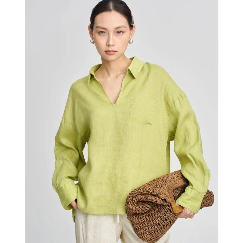 Premium linen v-neck long sleeve shirt for women in khaki colour, featuring breathable fabric and wrinkle-resistant design.