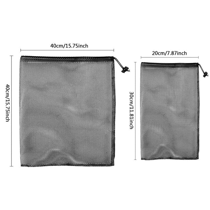 Multipurpose nylon mesh drawstring storage bag in two sizes for organising sports gear, laundry, and more