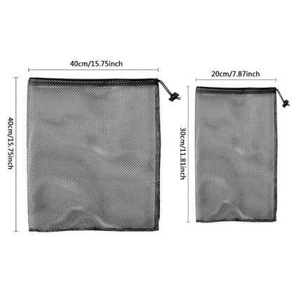 Multipurpose nylon mesh drawstring storage bag in two sizes for organising sports gear, laundry, and more