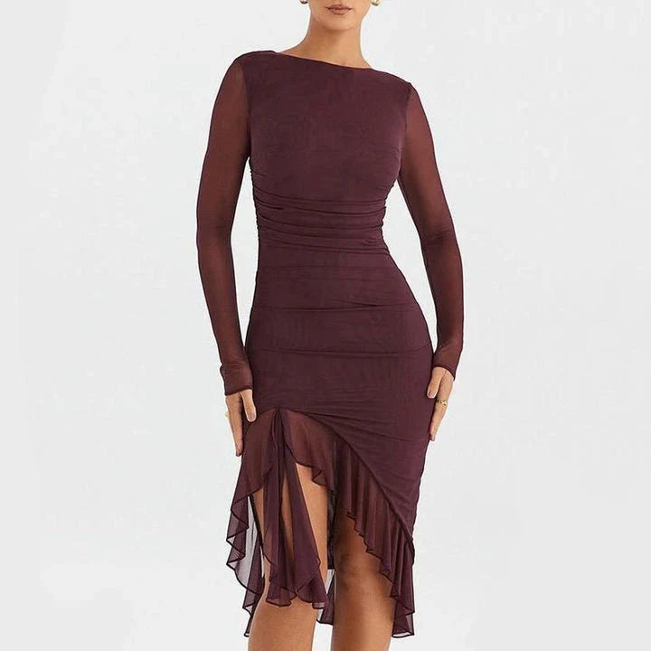 Elegant Ruffled and Ruched Mini Dress in Wine Red with a backless, ruffled, and ruched design for a stylish statement