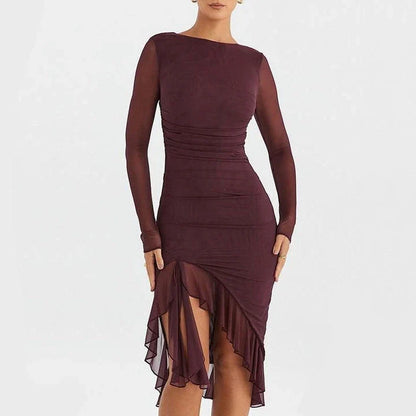 Elegant Ruffled and Ruched Mini Dress in Wine Red with a backless, ruffled, and ruched design for a stylish statement