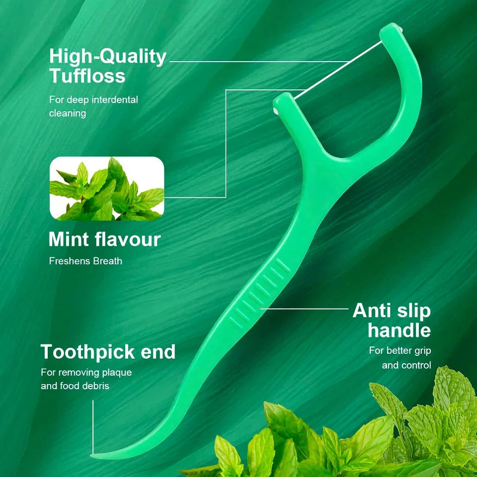 Premium mint-infused dental floss sticks for thorough interdental cleaning and fresh breath on the go