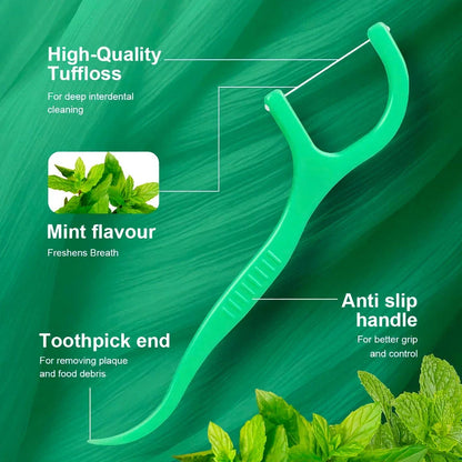 Premium mint-infused dental floss sticks for thorough interdental cleaning and fresh breath on the go
