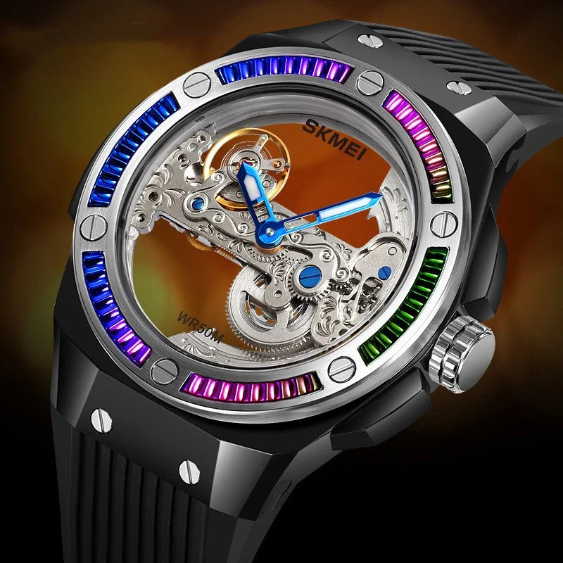 Sophisticated mechanical automatic wrist watch with hollow movement, showcasing intricate British design and craftsmanship